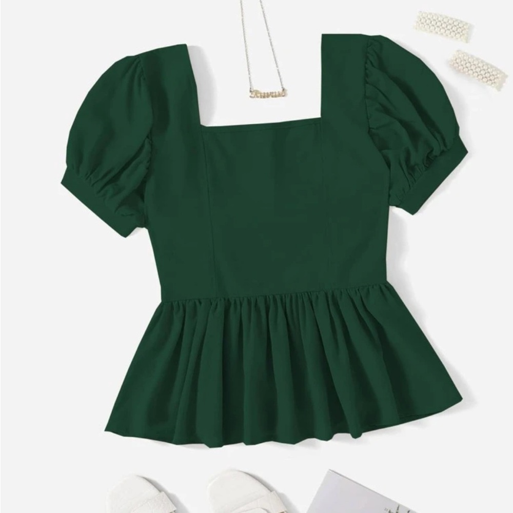 Solid Square Neck Ruffled Hem Blouse